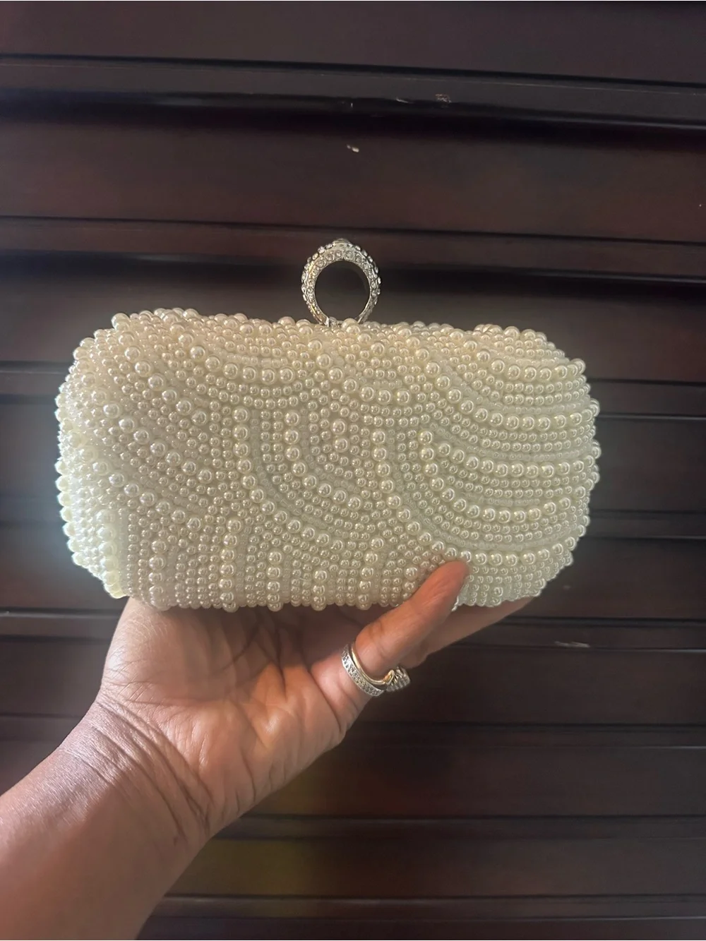 Pearl-Embellished Ivory Clutch Evening Bag